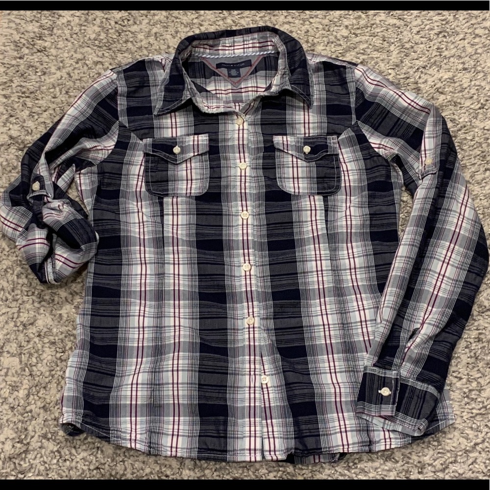 Tommy Hilfiger Women S Blue Plaid Roll Tab Button